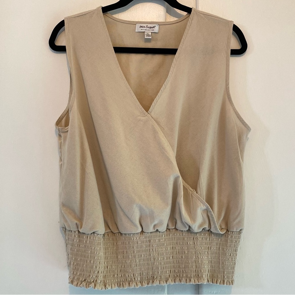 Linen Rayon Sleeveless V-Neck Wrap Blouse Smocked Waist Effortless Lagenlook XL